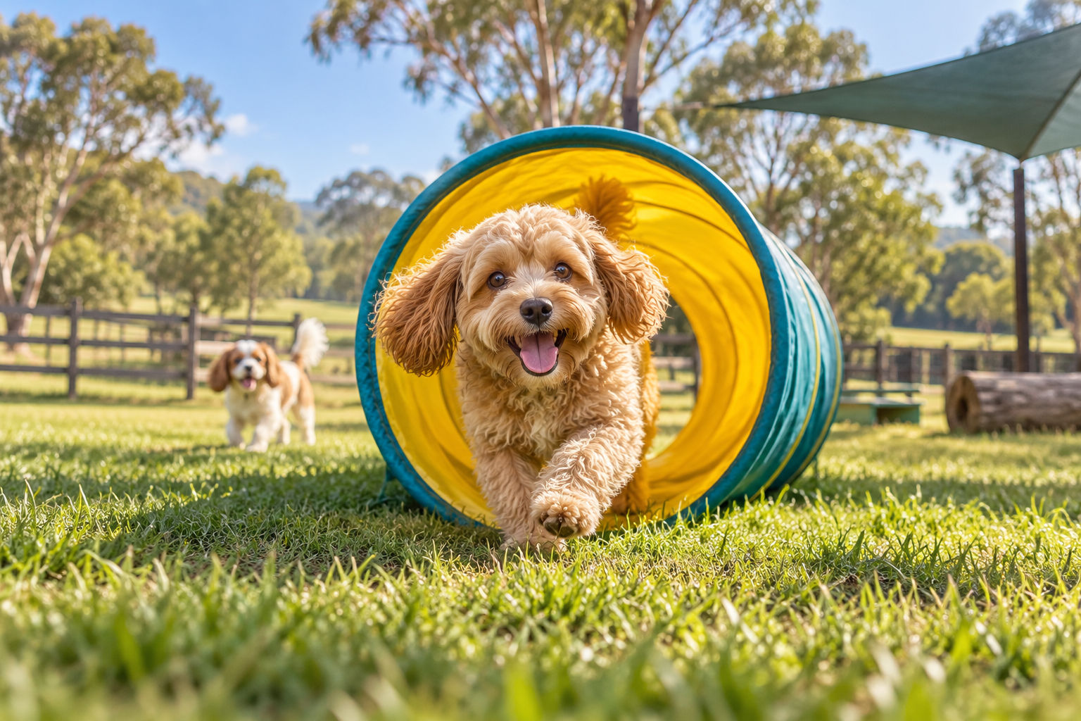 AI-generated concept: a cavoodle emerging from a yellow agility tunnel